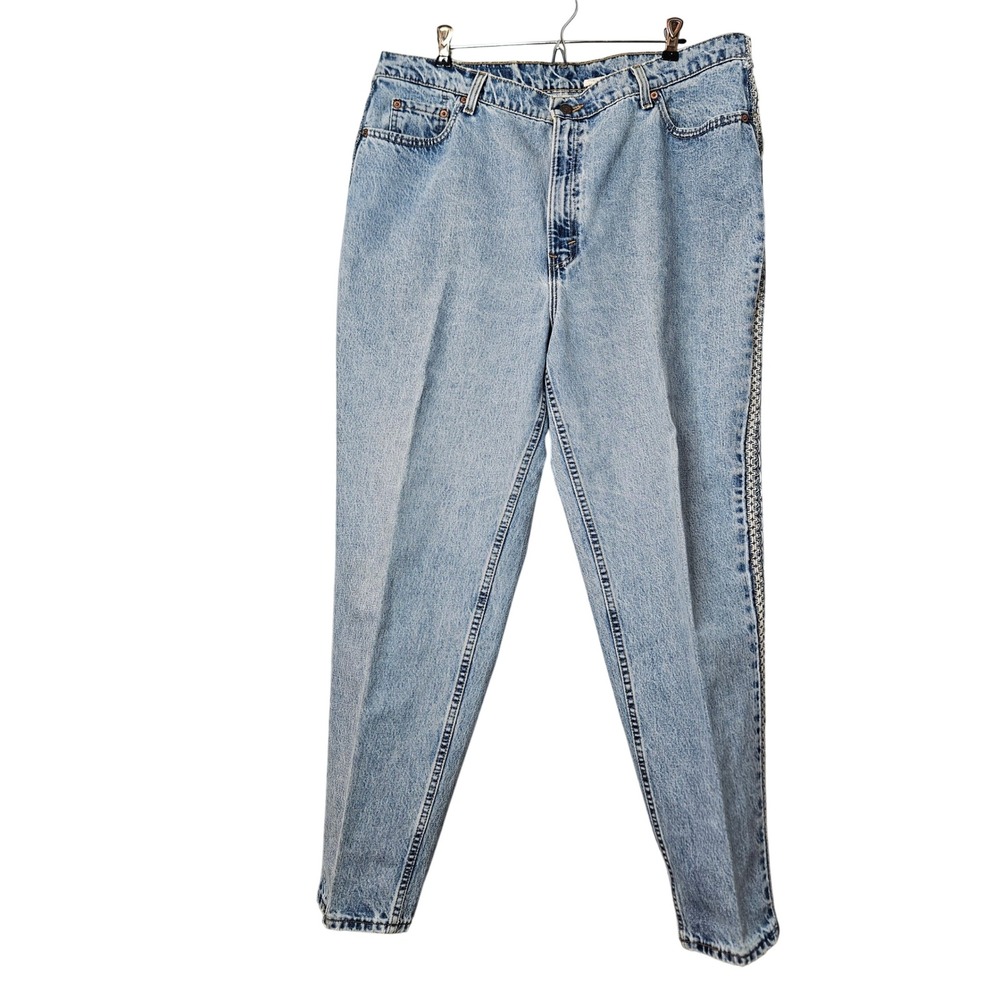 Vintage Levis High Rise Tapered Jeans‎ Light Wash Crochet Side Stripe Blue 35x29
